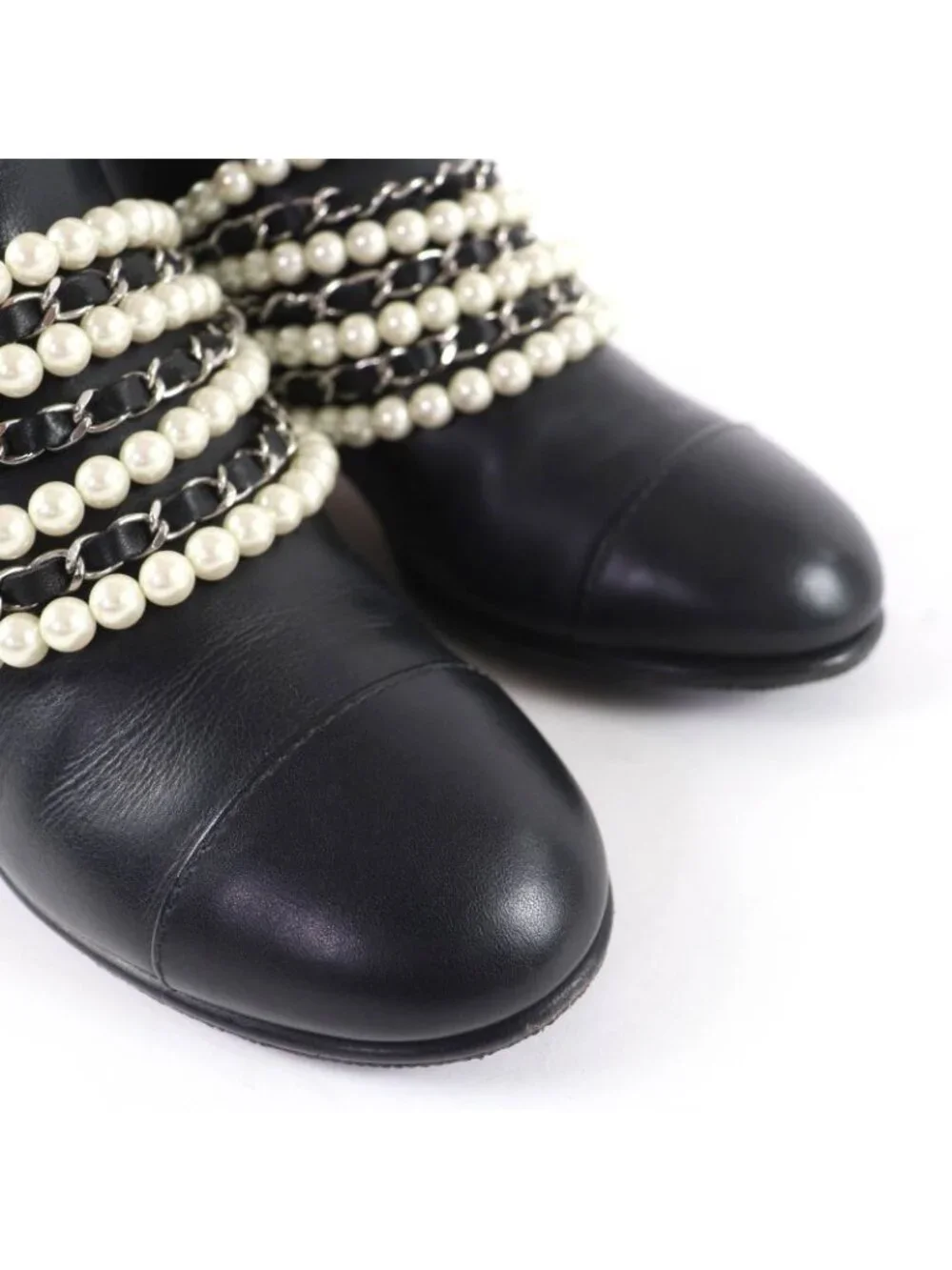 Chanel CC Logo Faux Pearl Chain Leather Short Boots Black 36 - Picture 7 of 13
